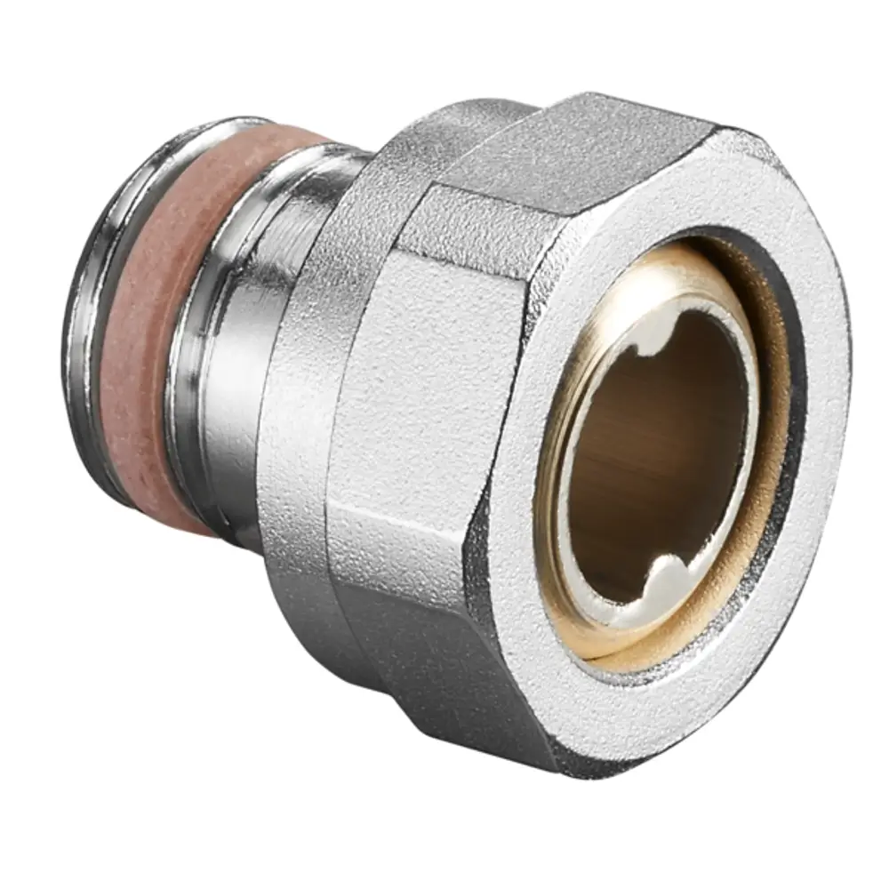 Oventrop-Verschraubung mit einem metallischen Gehäuse und Dichtung, geeignet für Rohrverbindungen. An einem Ende offene Gewindefassung, am anderen Ende unterbrochene Öffnung.